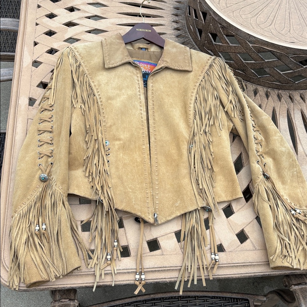 EUVC Rare Cripple Creek M L tan suede braided fringe leather coat VTG - Picture 7 of 17